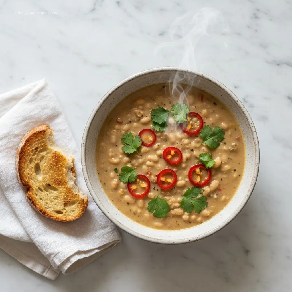 Creamy Jalapeño White Bean Chili Soup, garnished with cilantro.