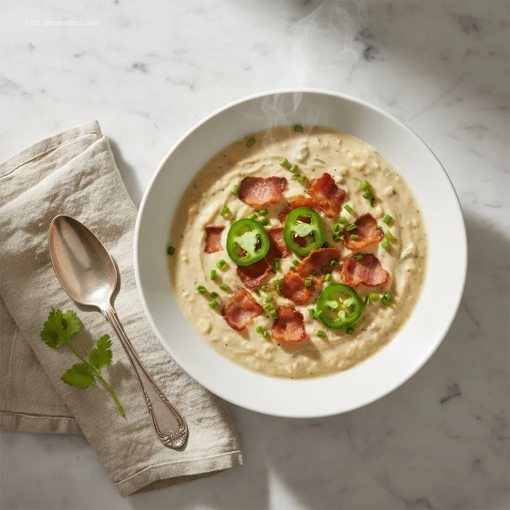 Cream Cheese Jalapeño Popper Soup, garnished with bacon and chives.