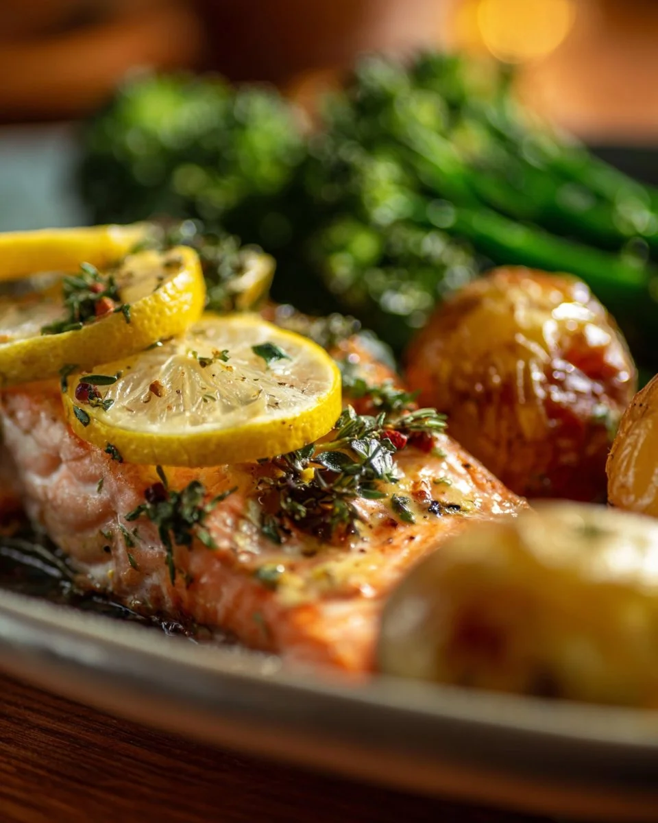 Lemon Butter Salmon plated with crispy potatoes and roasted broccoli