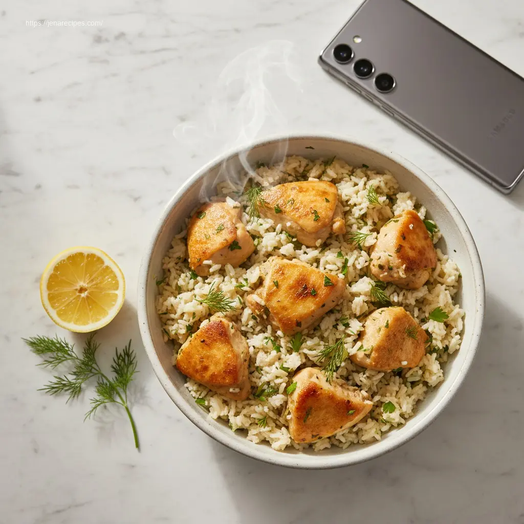 Delicious Slow Cooker Lemon Herb Chicken and Rice, overhead shot