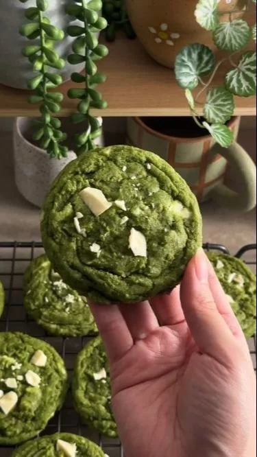 Plate of Matcha White Chocolate Cookies with green tea powder