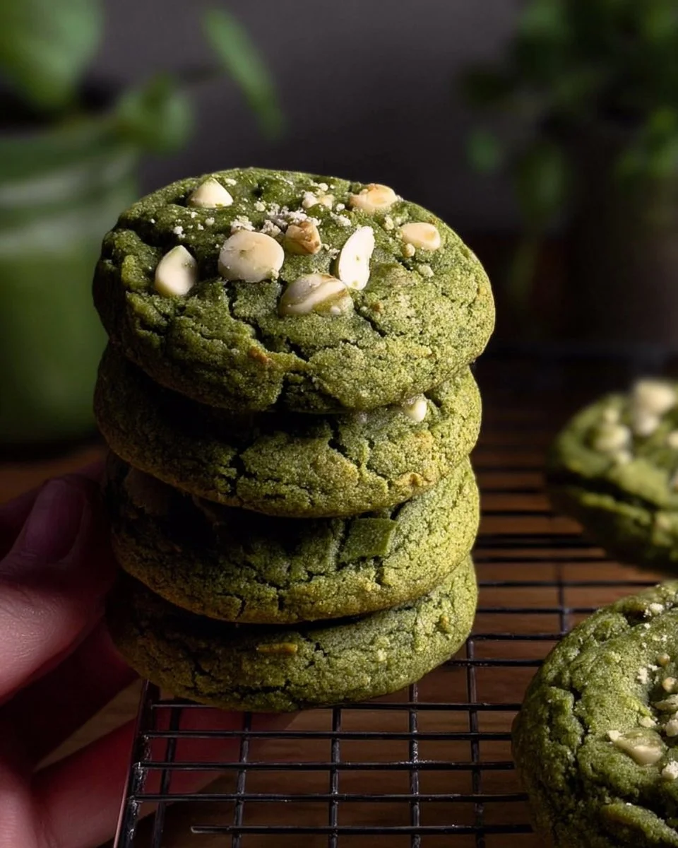 Matcha white chocolate cookies with a vibrant green hue and chocolate chunks