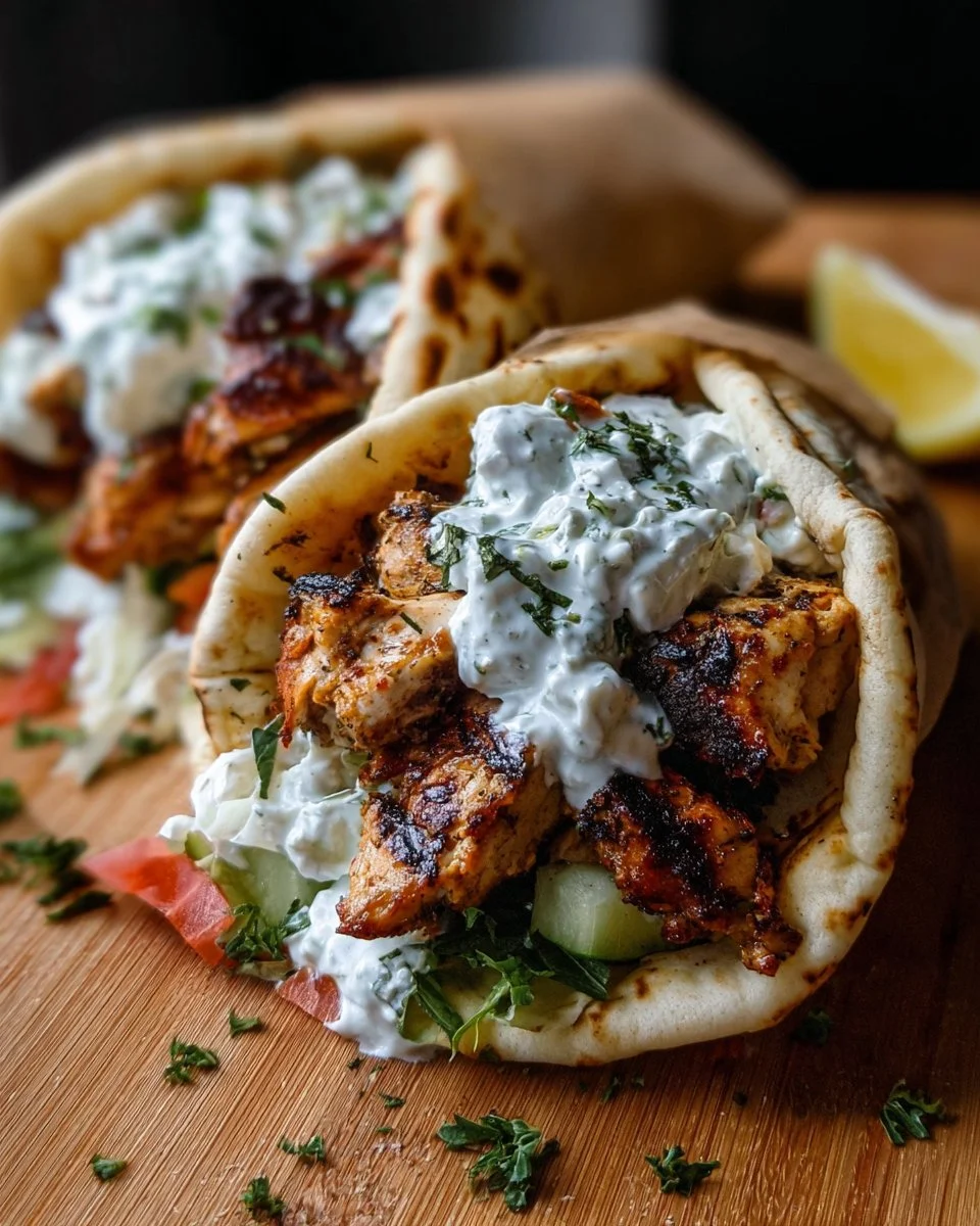 Delicious Mediterranean Chicken Gyros with creamy feta tzatziki sauce