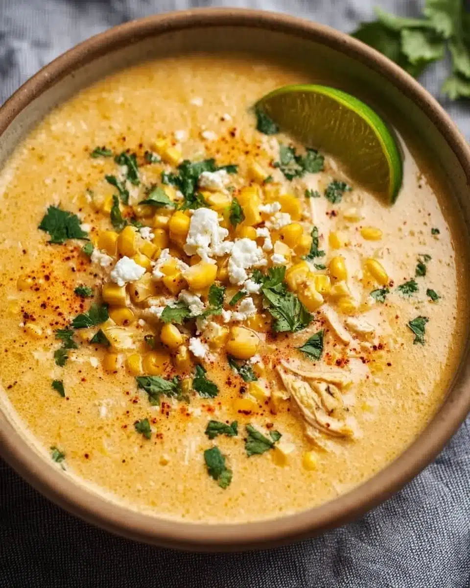 Bowl of Mexican street corn soup topped with cilantro and chili powder