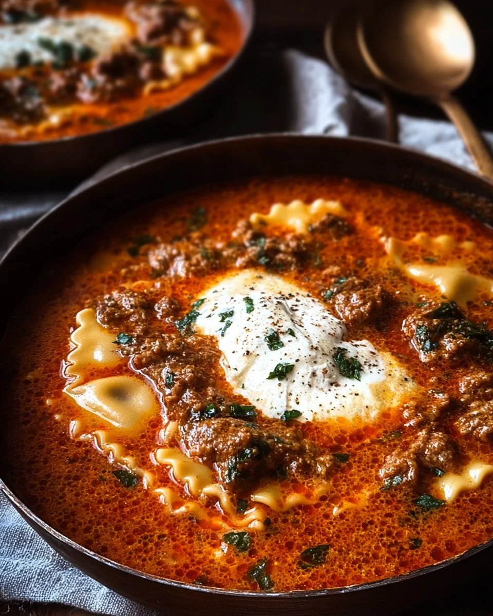 Delicious one pot lasagna soup filled with pasta, cheese, and rich flavors