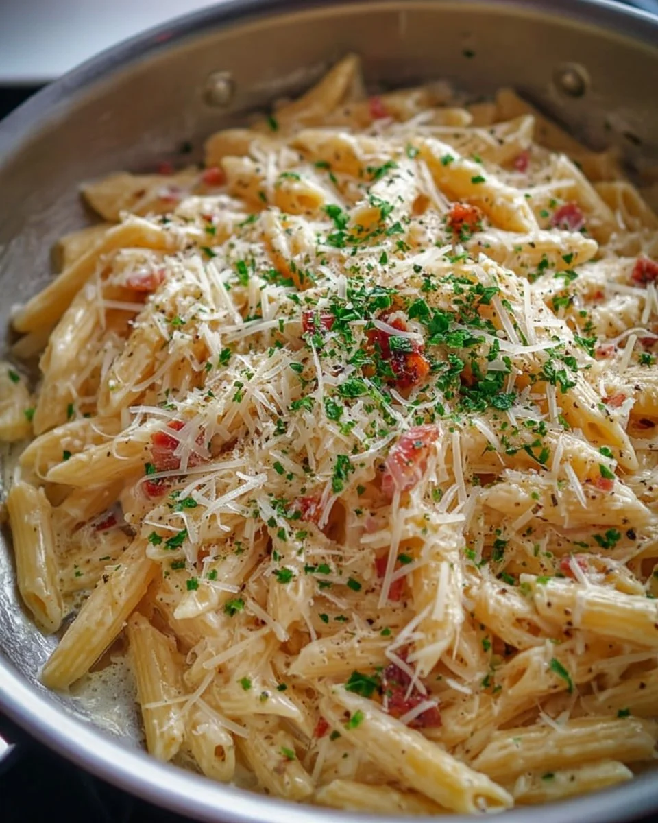 One Pot Creamy Garlic Pasta served in a bowl with fresh herbs