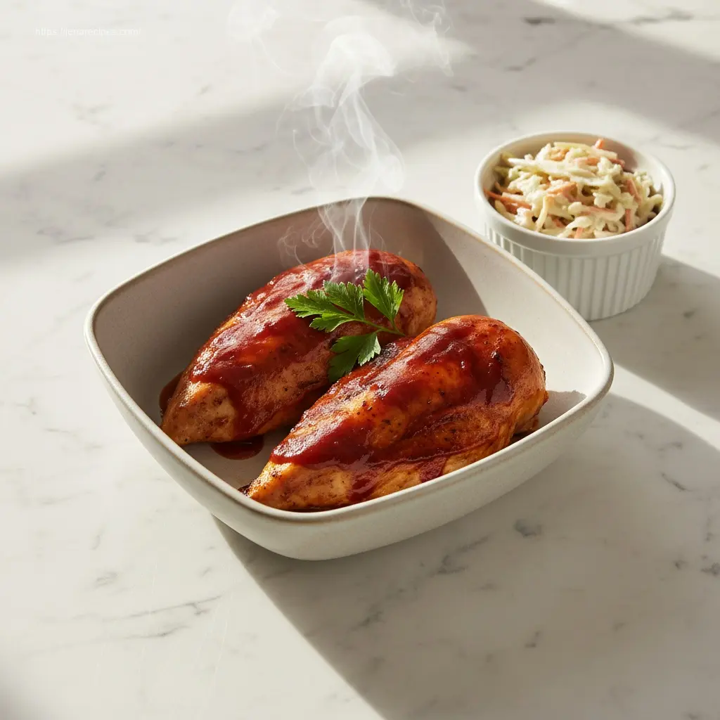 Oven-baked 3-Ingredient BBQ Chicken with coleslaw on a marble table.
