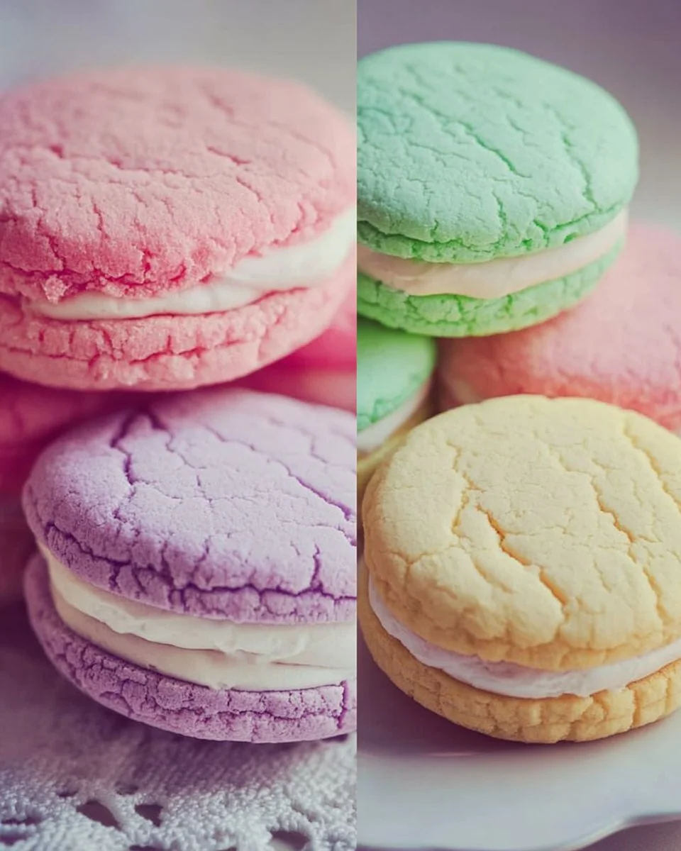 Pastel sugar cookie sandwiches filled with colorful frosting.