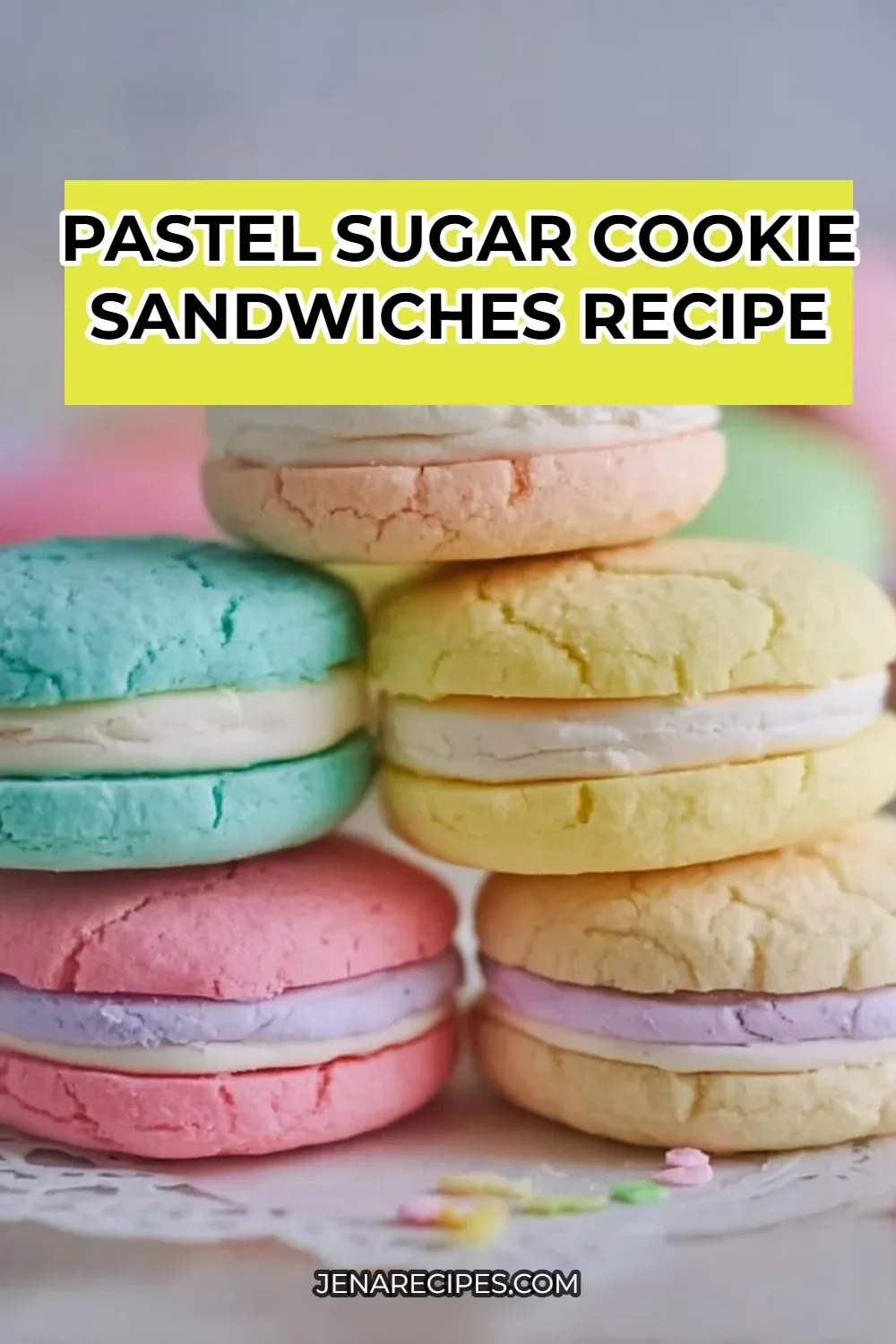 Pastel sugar cookie sandwiches filled with creamy frosting