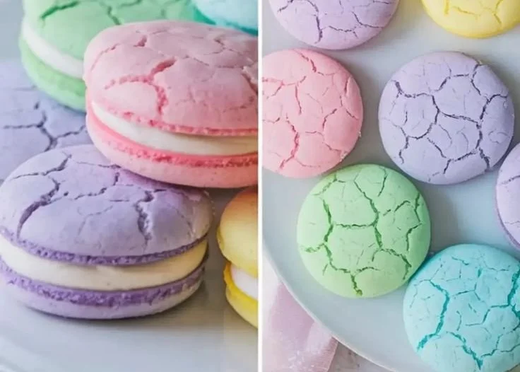 Pastel sugar cookie sandwiches filled with creamy frosting and colorful sprinkles