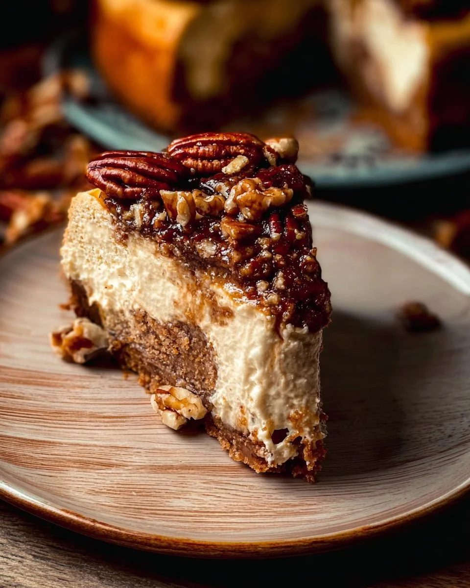 Pecan pie cheesecake slice with caramel drizzle and pecan topping