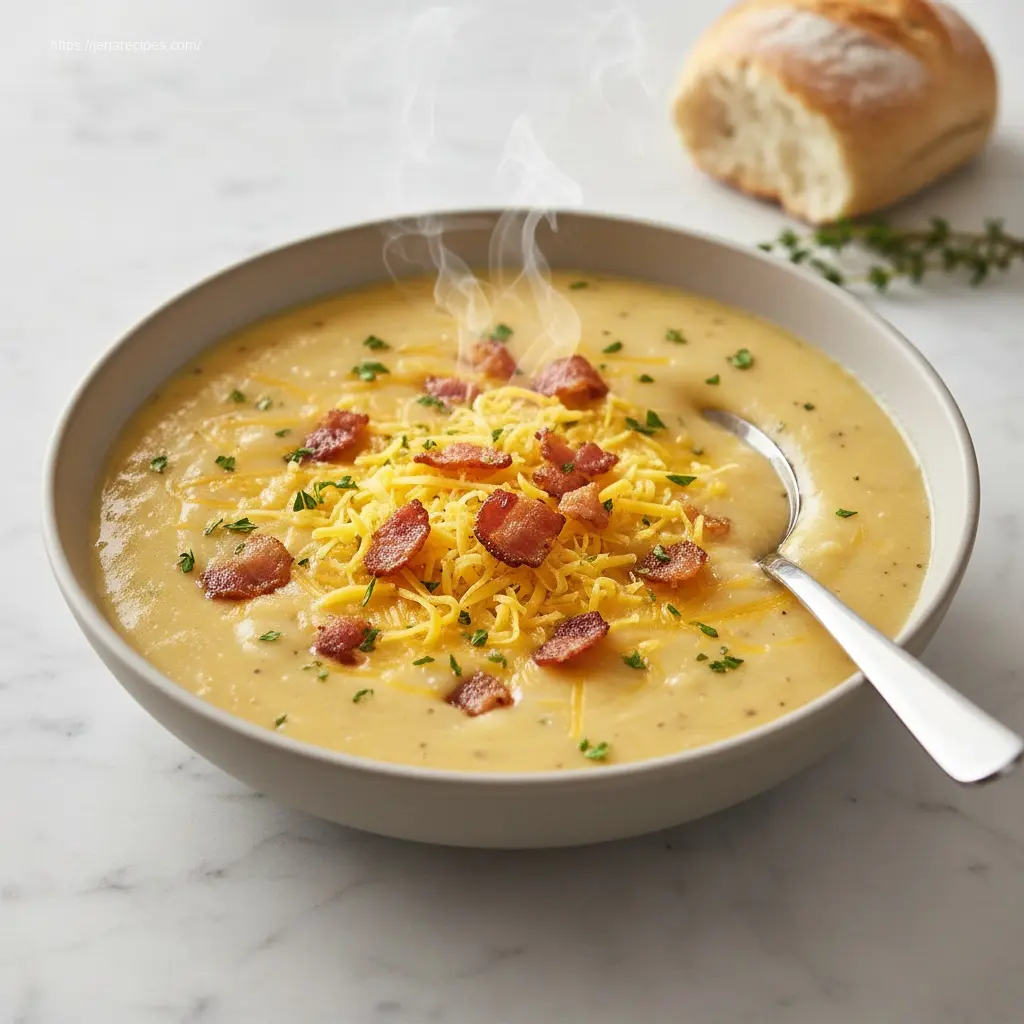 Warm Creamy Cheddar Garlic Potato Soup in a modern ceramic bowl.