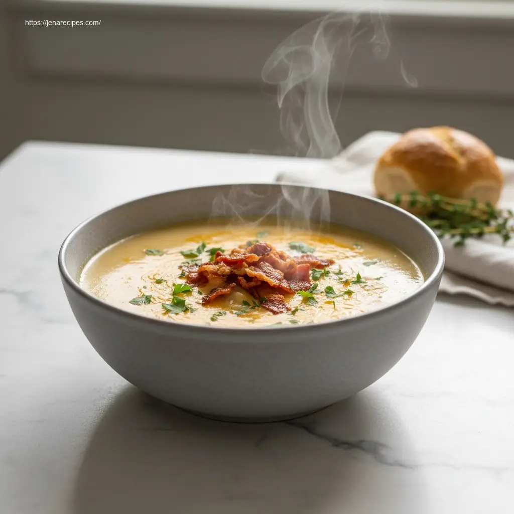 45-degree view of creamy cheddar garlic potato soup