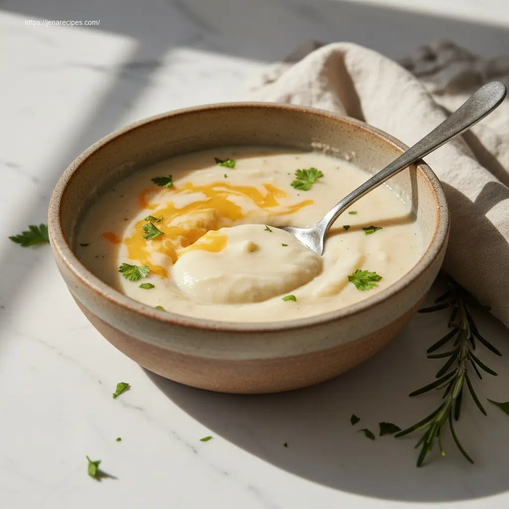 Cheesy Garlic Herb Mashed Potato Soup with a rustic spoon