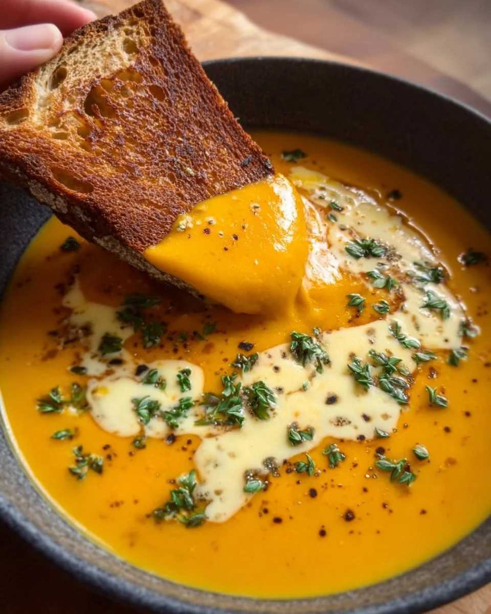 Bowl of protein-packed butternut squash soup garnished with herbs