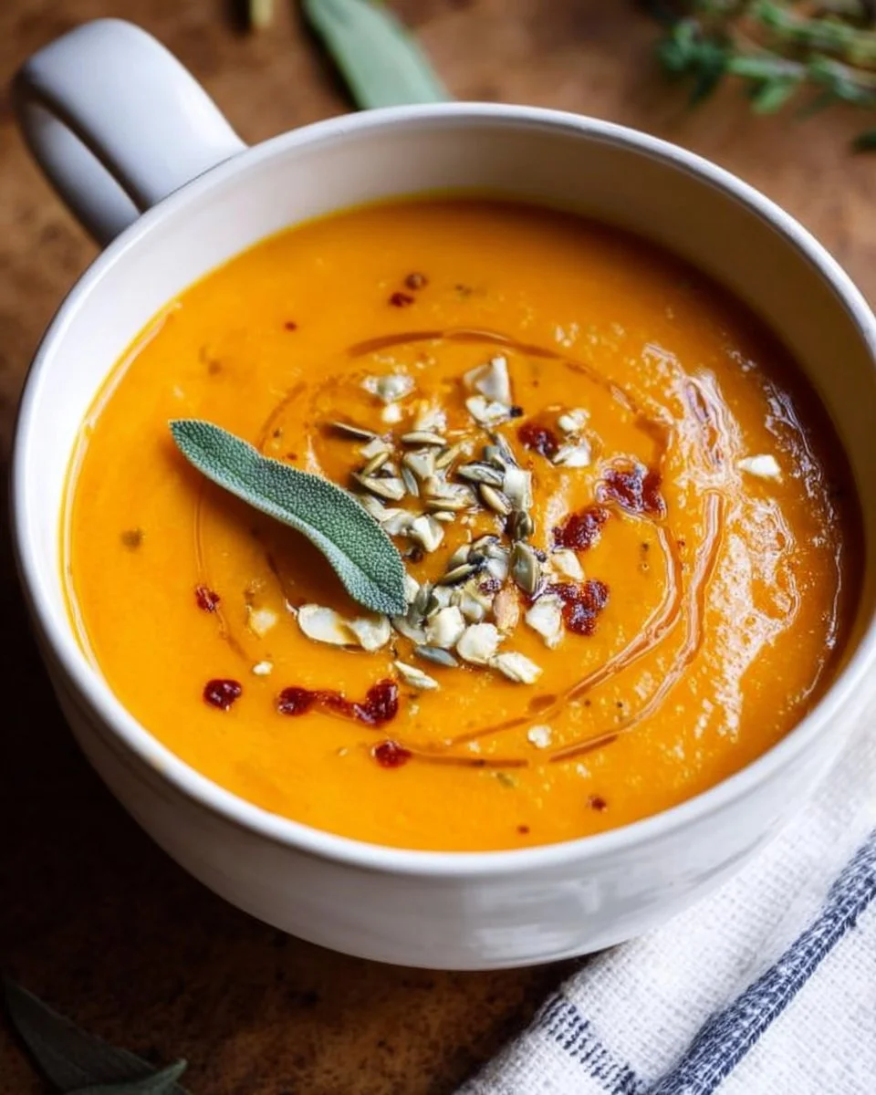 Bowl of creamy pumpkin and sweet potato soup garnished with herbs.