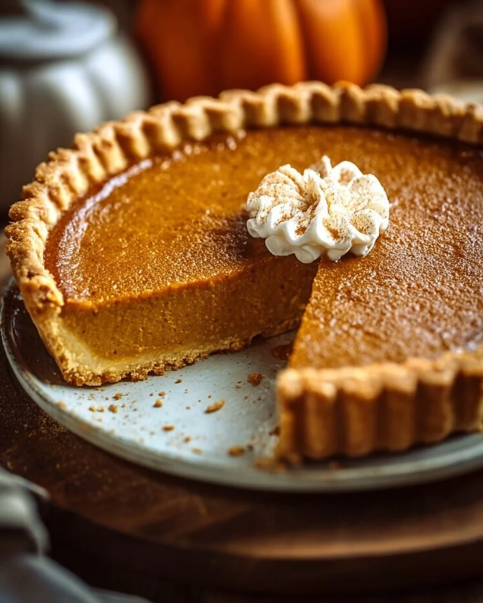 Homemade pumpkin pie with whipped cream on a table