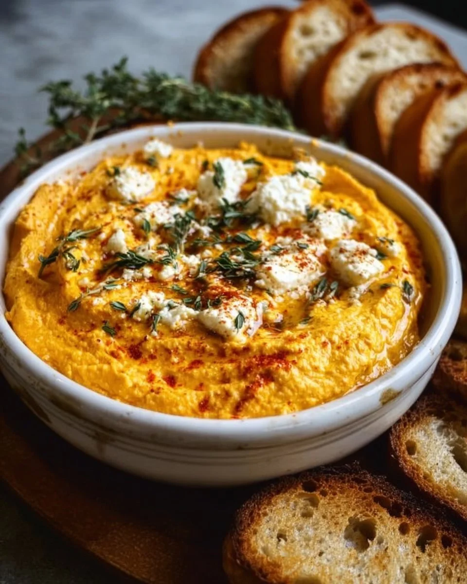 Creamy Pumpkin Whipped Feta Dip served in a bowl with crackers and herbs.