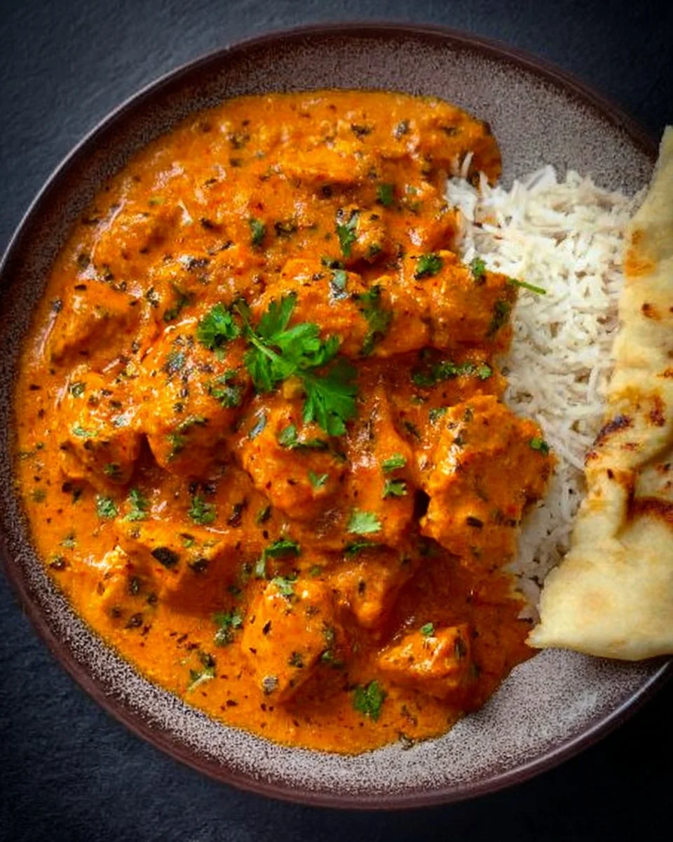 Delicious quick and easy butter chicken served with rice.