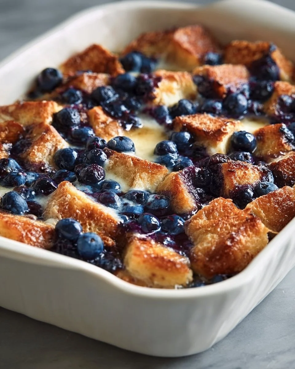 Delicious blueberry french toast casserole served with syrup.