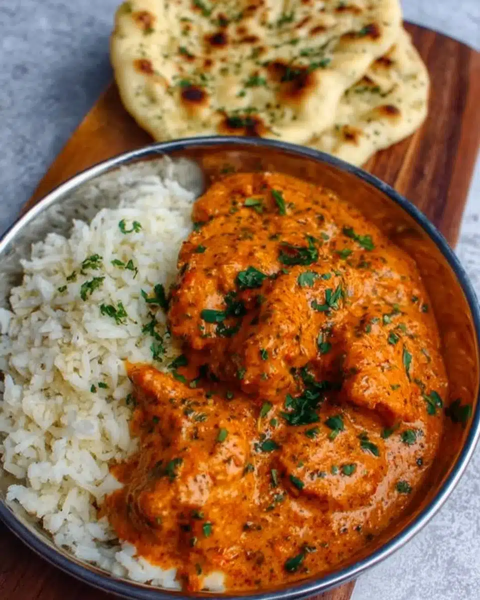 Homemade butter chicken served with rice and fresh herbs