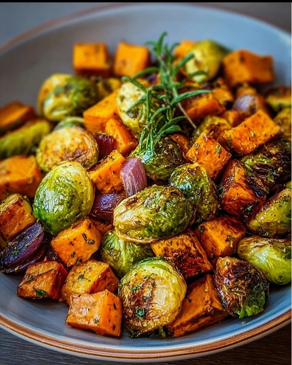 A bowl of roasted Brussels sprouts and sweet potatoes garnished with herbs.