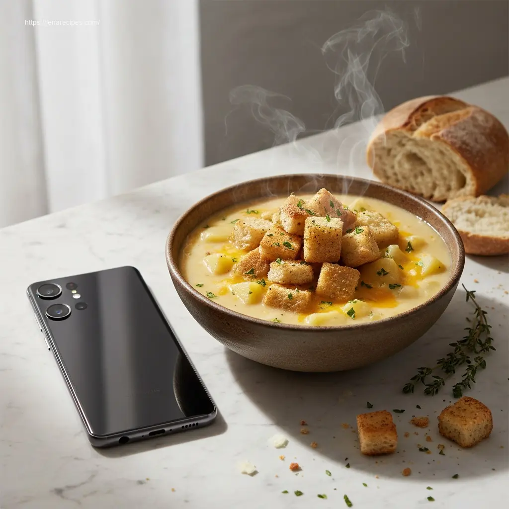 Delicious Rustic Cheddar Potato Soup, garnished with fresh herbs