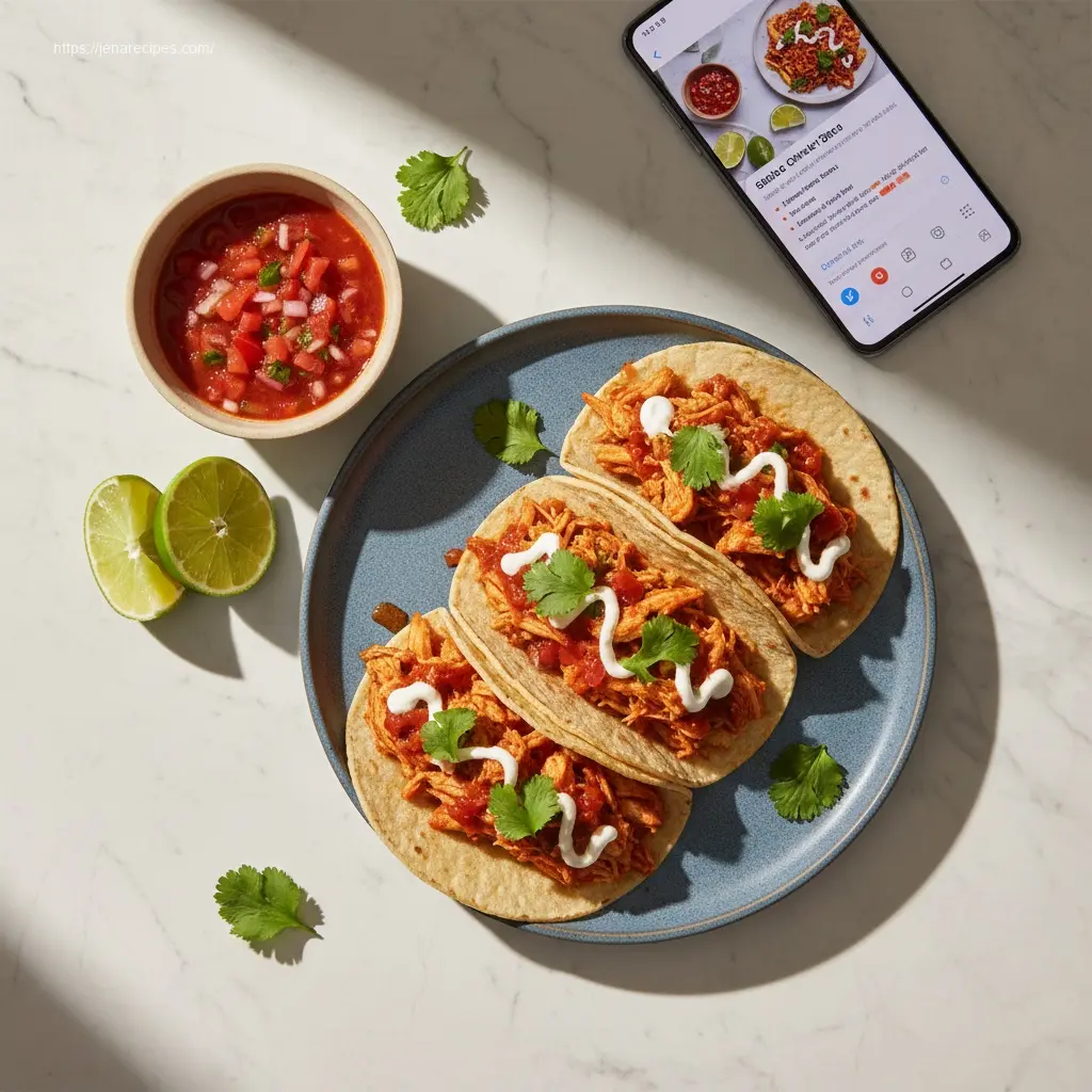 Delicious Salsa Chicken Tacos on a white marble table