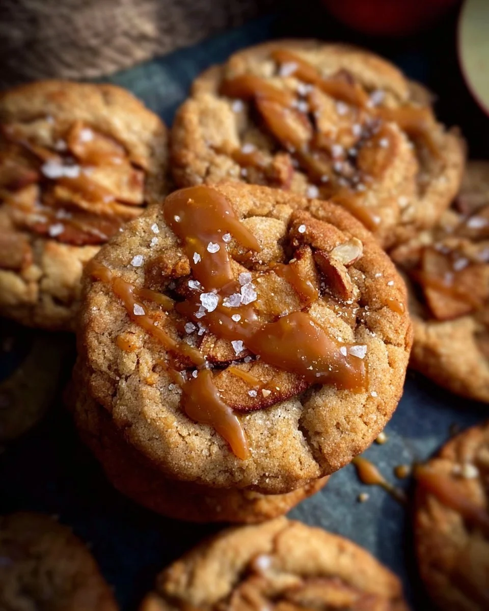 Salted caramel apple pie cookies with a golden brown crust and caramel drizzle