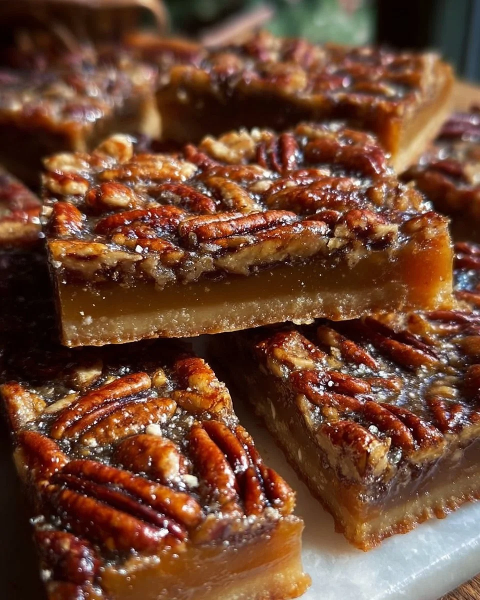 Salted maple pecan pie bars with caramel drizzle and pecans on top