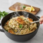 Close-up of a spoon serving Slow Cooker Lemon Herb Chicken and Rice