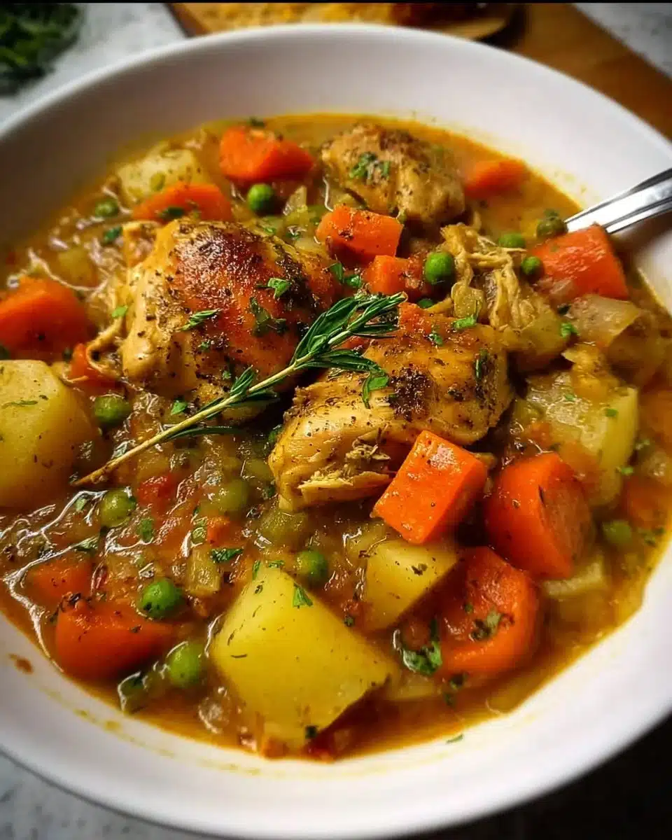 Bowl of slow cooker chicken stew with vegetables and herbs