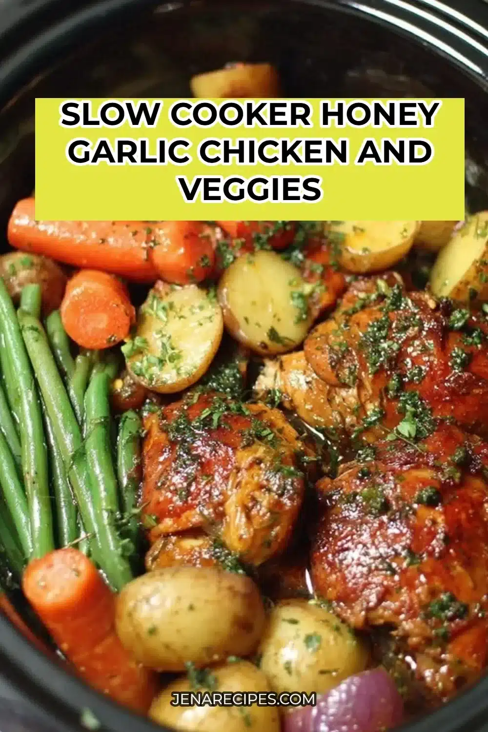 Slow Cooker Honey Garlic Chicken with colorful veggies in a bowl