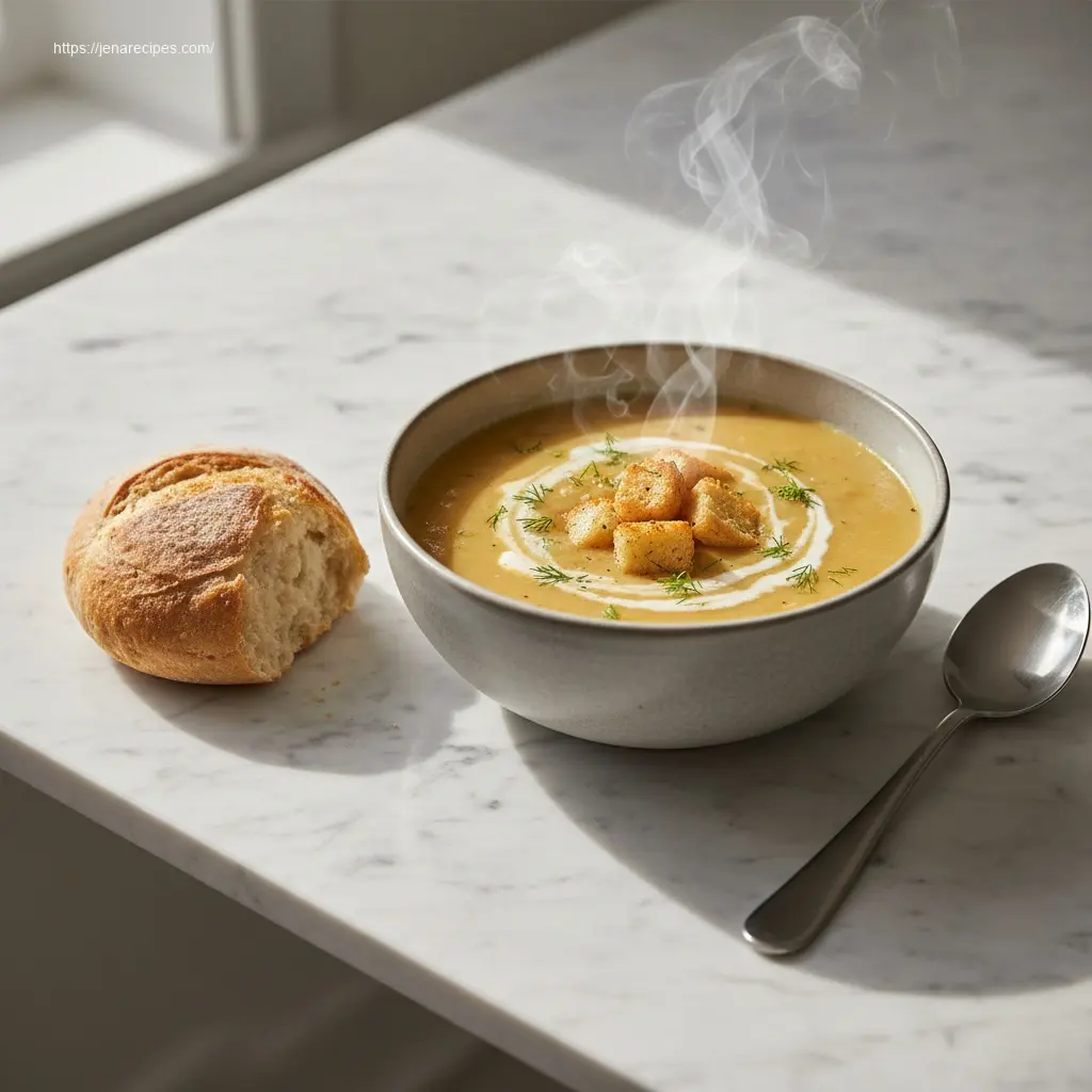 Crockpot Cheddar Garlic Potato Soup with bread, 45-degree view
