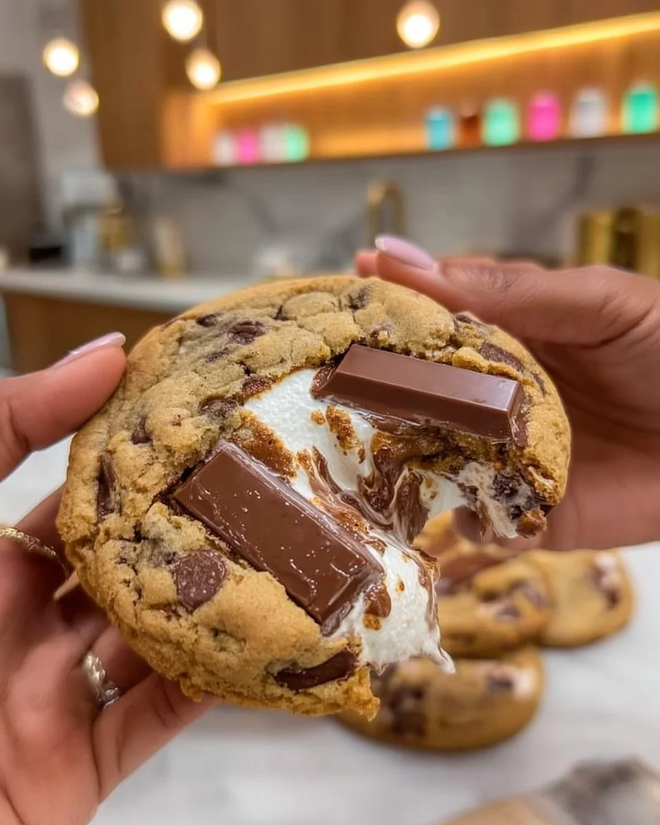 Freshly baked S'mores Cookies with chocolate and marshmallows on a wooden table