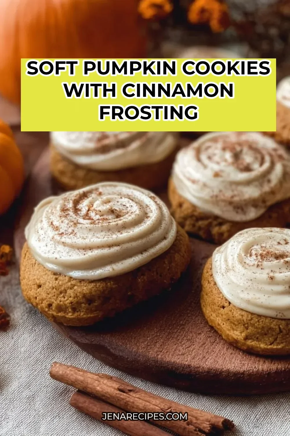 Delicious soft pumpkin cookies with cinnamon frosting on a plate