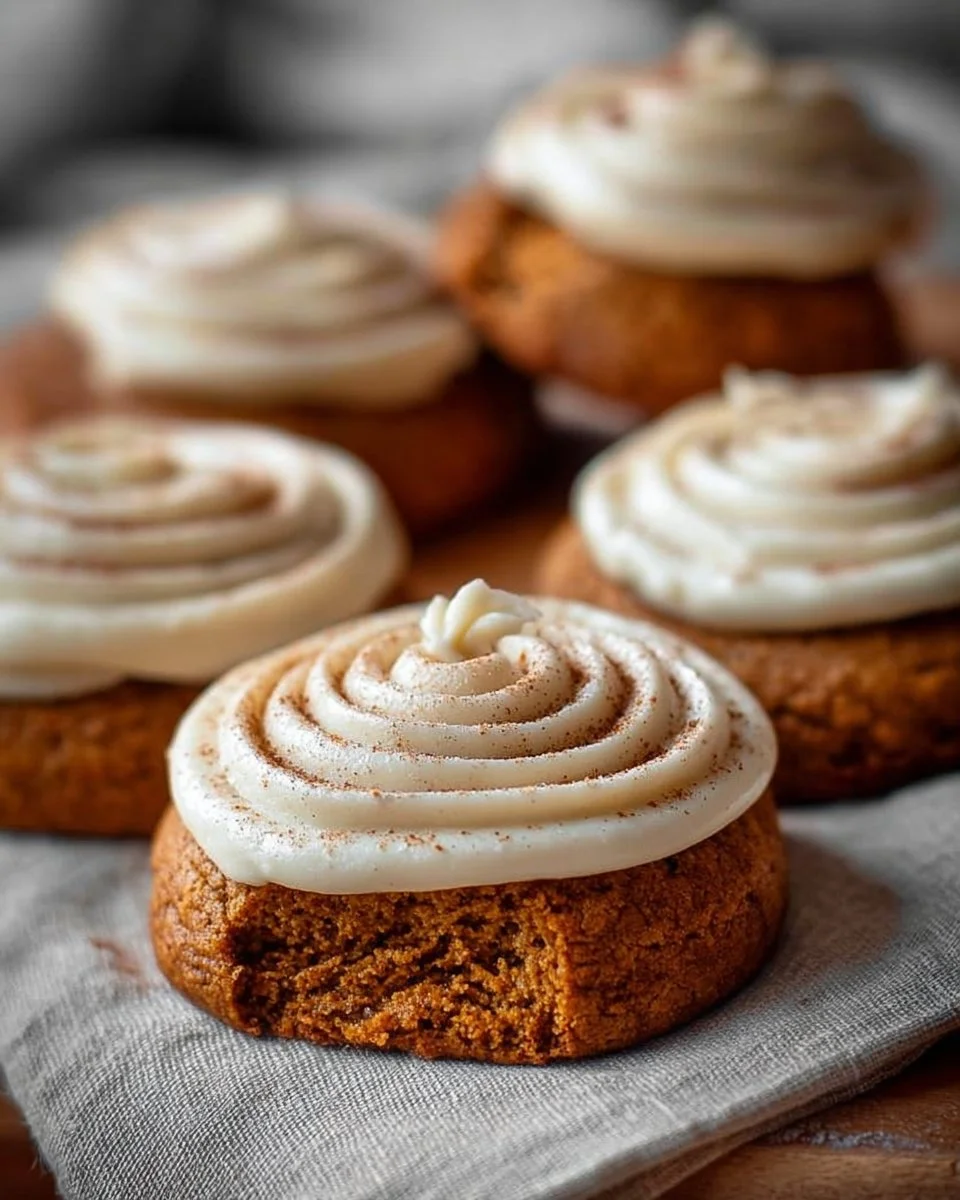 Soft pumpkin cookies topped with cream cheese frosting on a plate