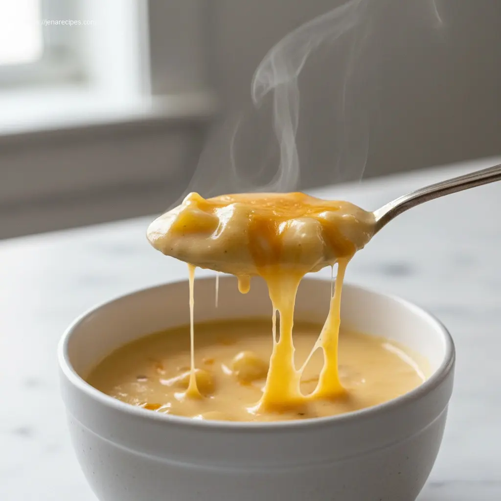 Close-up of Creamy Cheddar Garlic Potato Soup on a spoon.