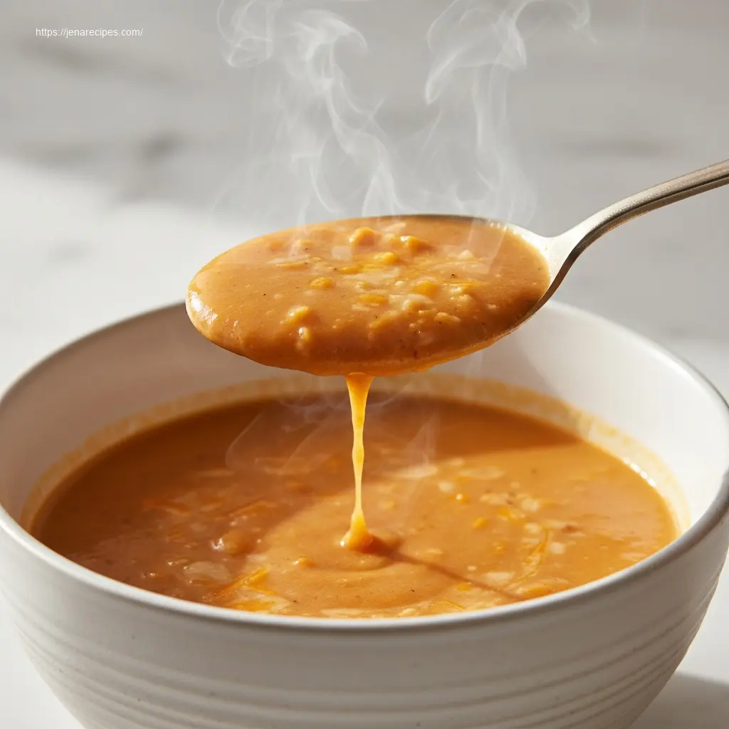 Spoon lifting creamy Cheddar Garlic Sweet Potato Soup from bowl.