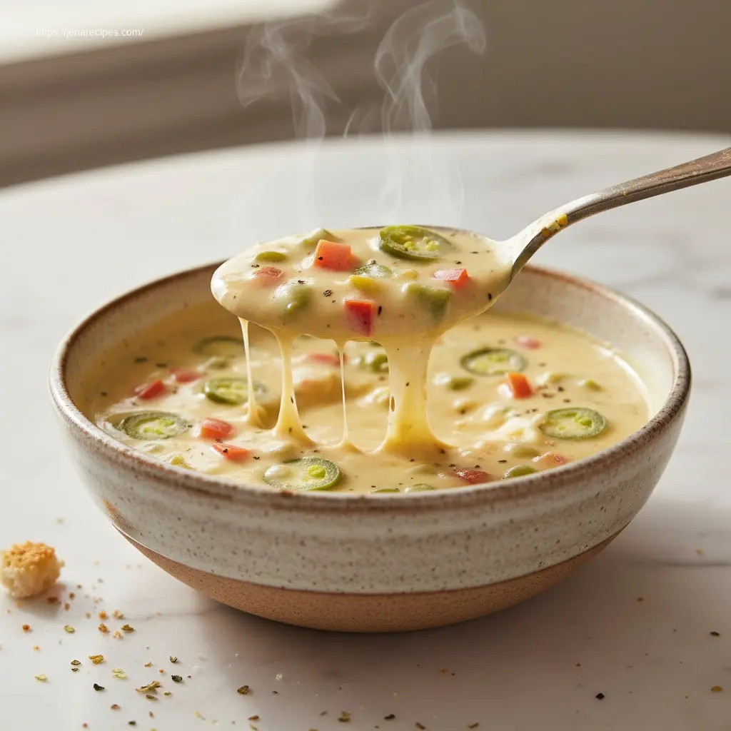 Spoonful of Cream Cheese Jalapeño Popper Soup with melted cheese.