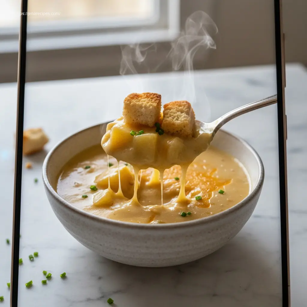 Spoonful of Rustic Cheddar Potato Soup with sourdough croutons