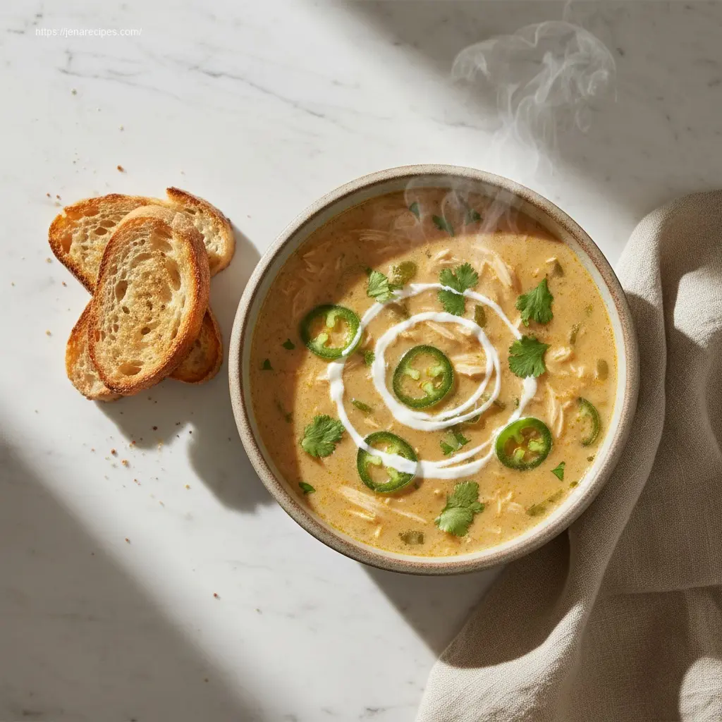 Delicious creamy Spicy Jalapeño Chicken Soup overhead shot.
