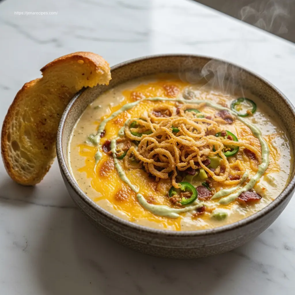 Cream Cheese Jalapeño Popper Soup with avocado cream and grilled bread.