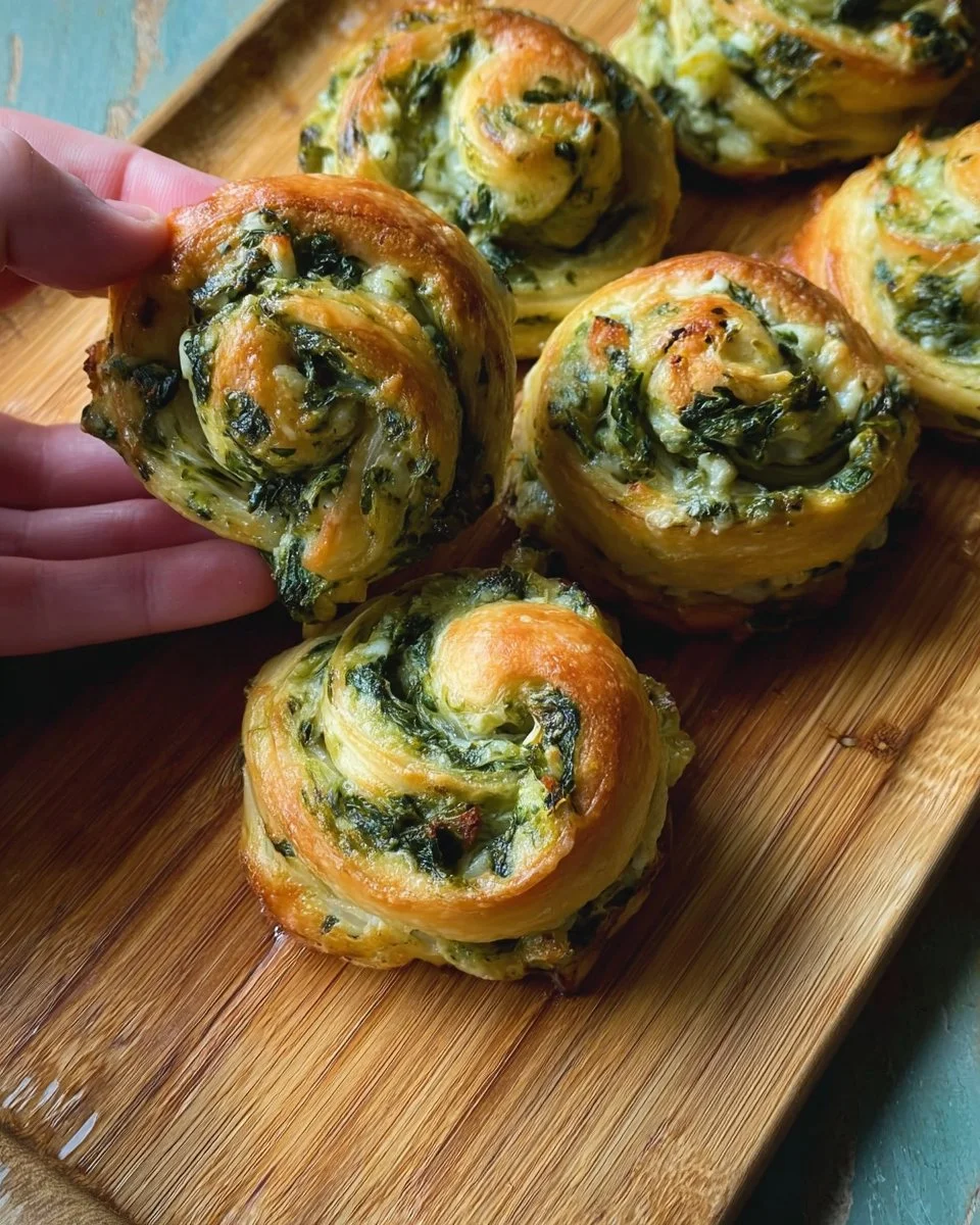 Spinach artichoke swirls on a plate, garnished for a delightful appetizer.