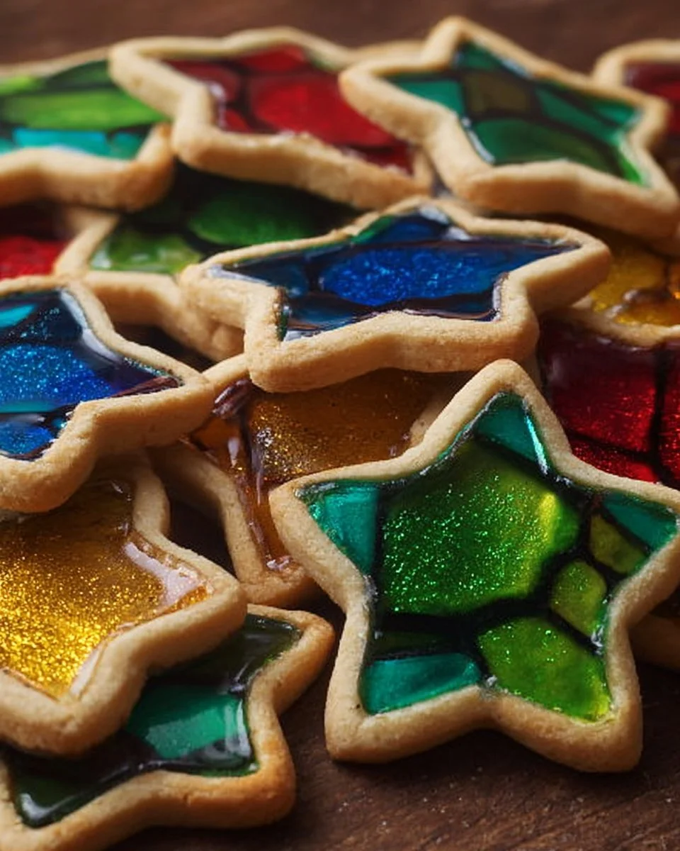 Colorful stained glass cookies decorated with sugary treats.