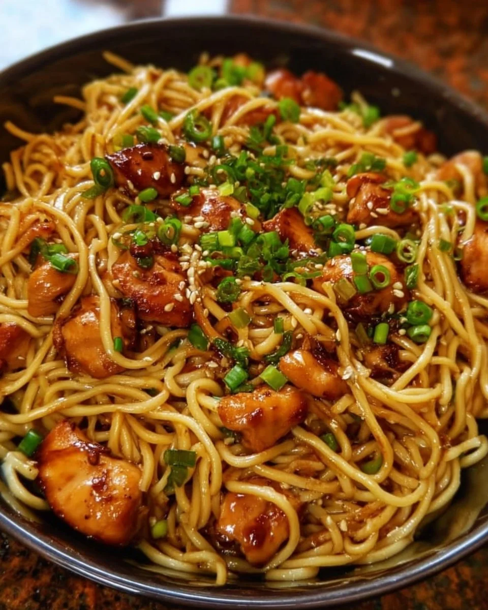 Delicious plate of sticky garlic chicken noodles garnished with green onions.