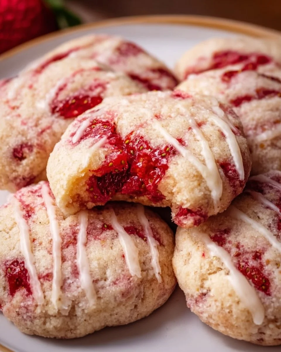 Freshly baked strawberry cheesecake cookies with strawberry topping