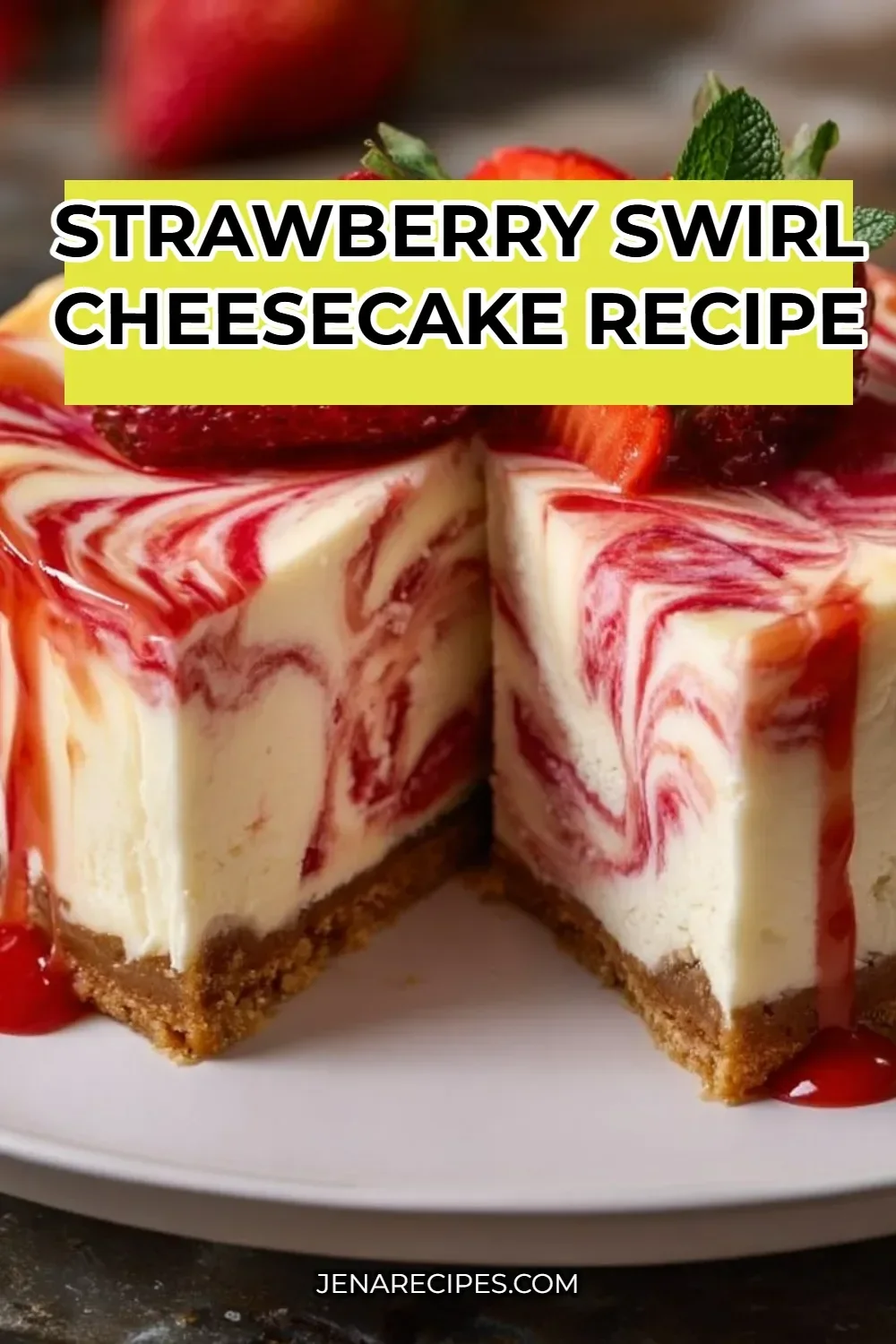 Slice of strawberry swirl cheesecake topped with fresh strawberries