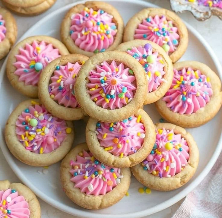 Delicious sugar cookie cups filled with frosting and sprinkles
