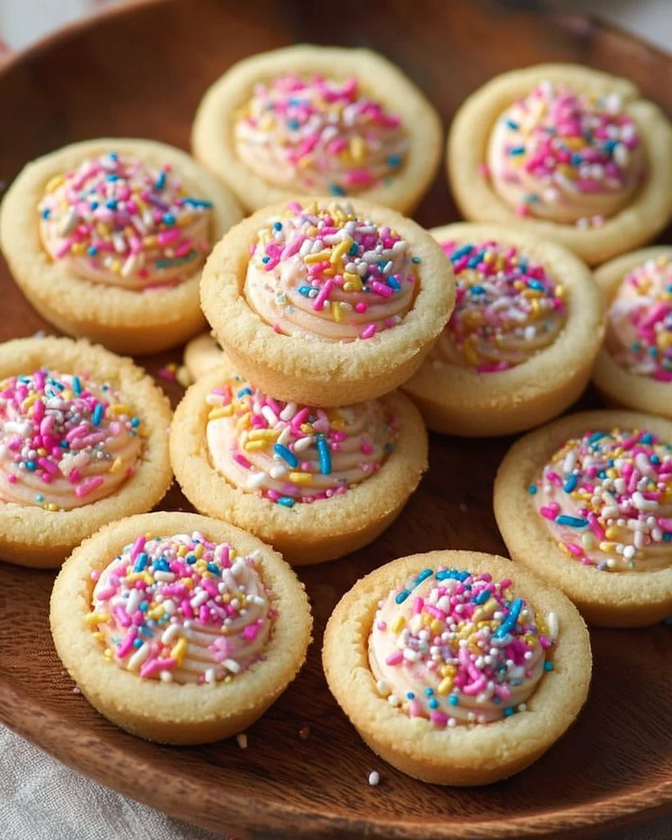 Delicious sugar cookie cups topped with frosting and sprinkles